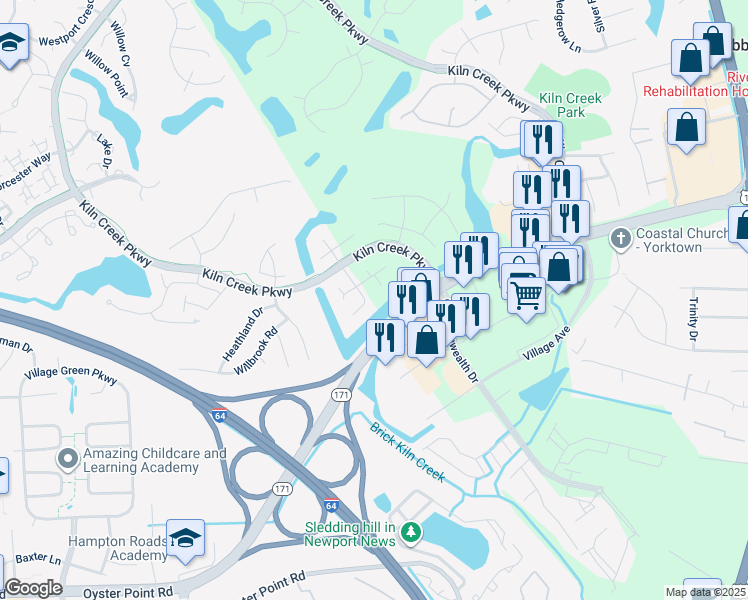 map of restaurants, bars, coffee shops, grocery stores, and more near 971 Shoreline Point in Newport News