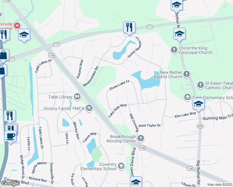 map of restaurants, bars, coffee shops, grocery stores, and more near 108 Cranwood Court in Yorktown
