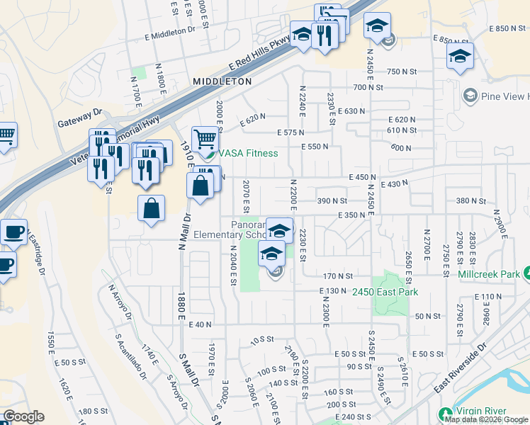 map of restaurants, bars, coffee shops, grocery stores, and more near 2135 East 350 North in St. George