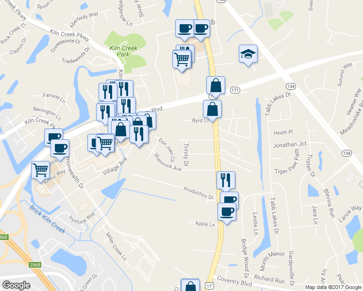 map of restaurants, bars, coffee shops, grocery stores, and more near 205 Trinity Drive in Yorktown