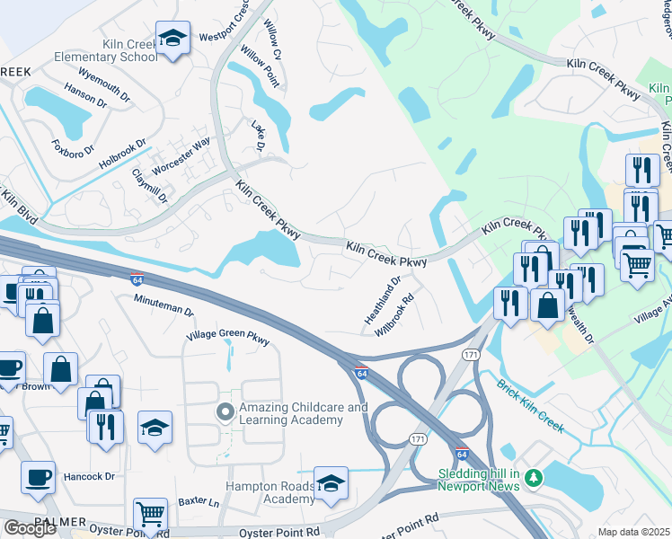 map of restaurants, bars, coffee shops, grocery stores, and more near 720 Casper Lane in Newport News