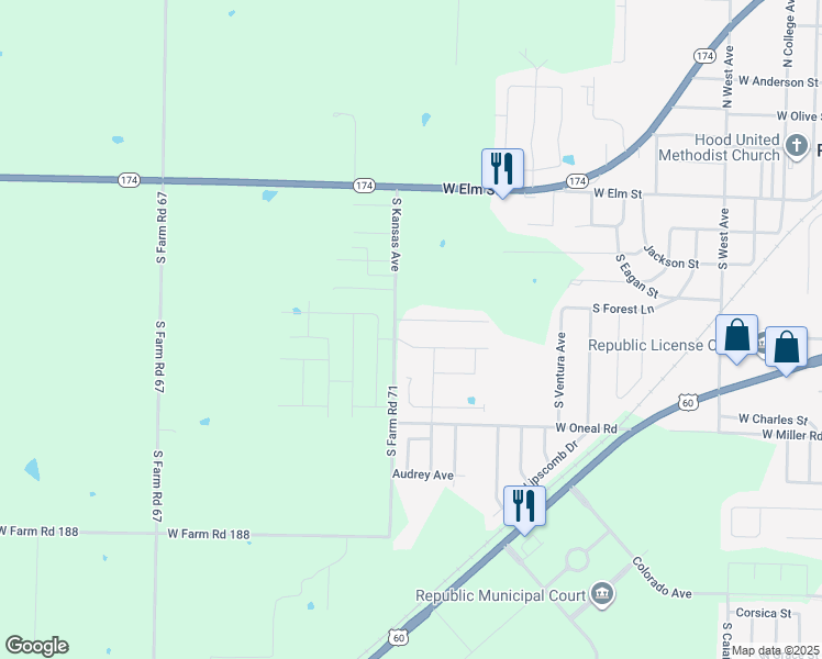map of restaurants, bars, coffee shops, grocery stores, and more near 490 South Farm Road 71 in Republic