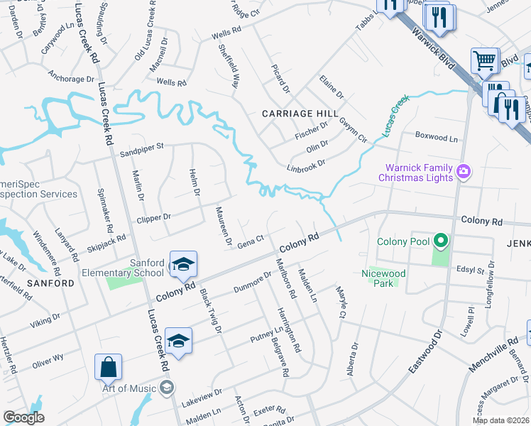 map of restaurants, bars, coffee shops, grocery stores, and more near 411 Marlboro Road in Newport News