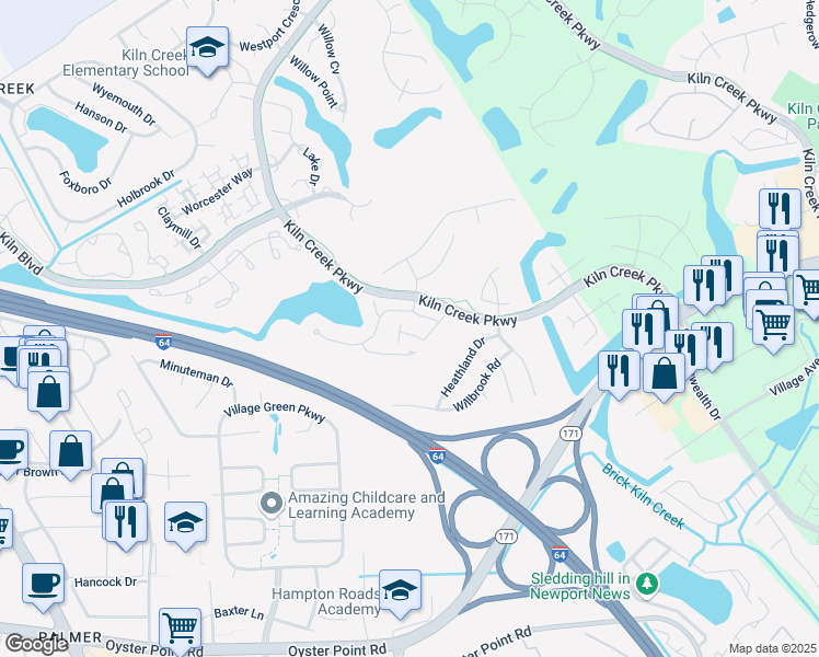 map of restaurants, bars, coffee shops, grocery stores, and more near 718 Casper Lane in Newport News