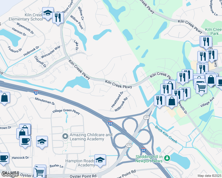 map of restaurants, bars, coffee shops, grocery stores, and more near 113 Watson Drive in Newport News
