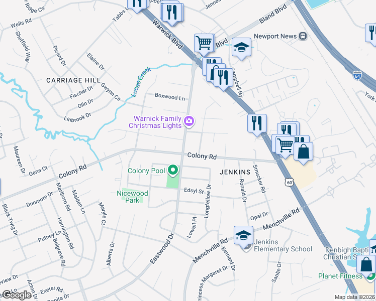 map of restaurants, bars, coffee shops, grocery stores, and more near 400 Eastwood Drive in Newport News