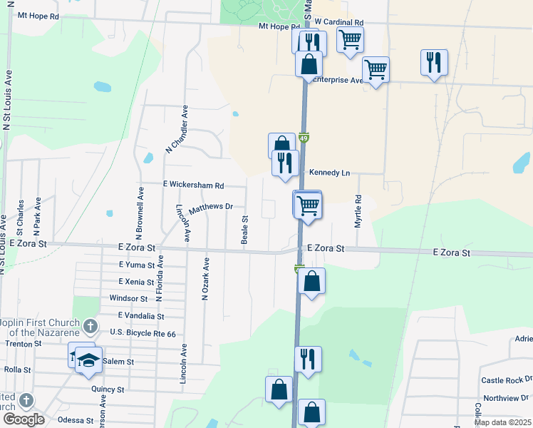 map of restaurants, bars, coffee shops, grocery stores, and more near 2804 North Highview Avenue in Joplin