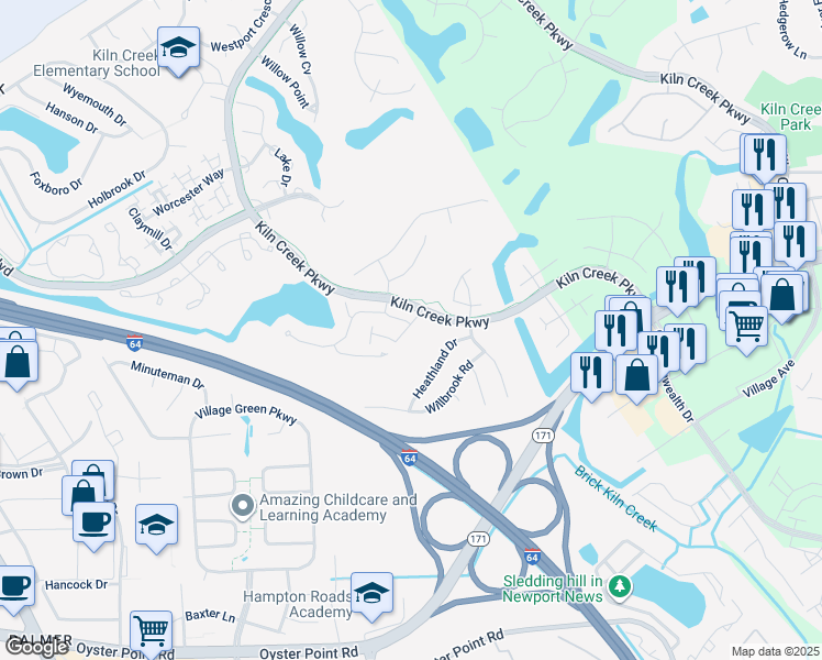 map of restaurants, bars, coffee shops, grocery stores, and more near 113 Watson Drive in Newport News
