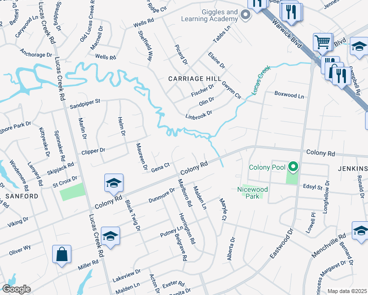 map of restaurants, bars, coffee shops, grocery stores, and more near 410 Marlboro Road in Newport News