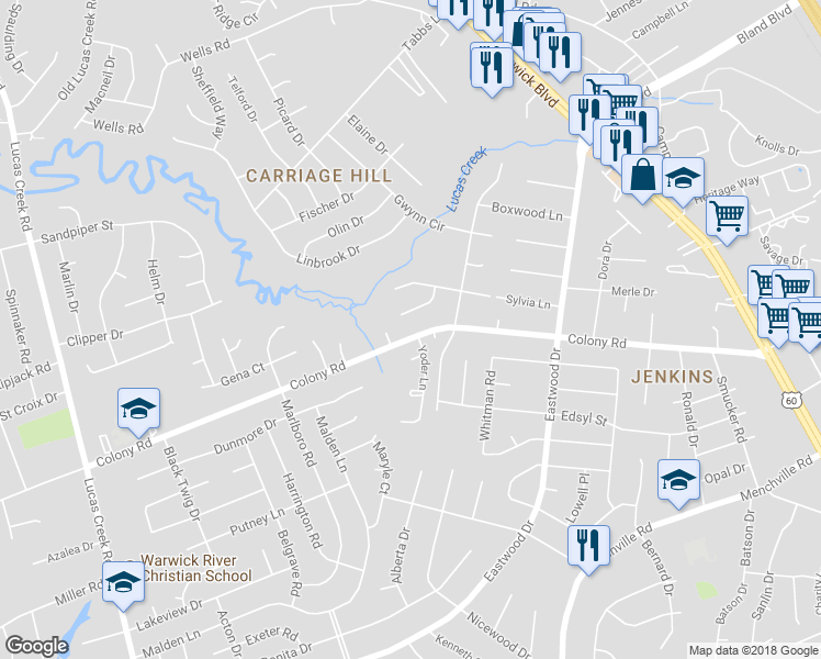 map of restaurants, bars, coffee shops, grocery stores, and more near 224 Colony Road in Newport News