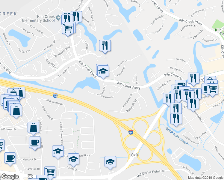 map of restaurants, bars, coffee shops, grocery stores, and more near 720 Casper Lane in Newport News