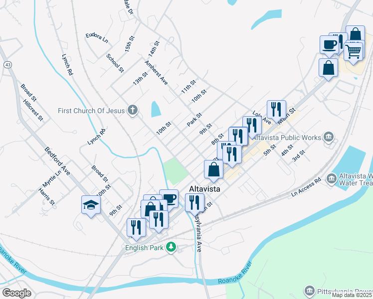map of restaurants, bars, coffee shops, grocery stores, and more near 811 9th Street in Altavista
