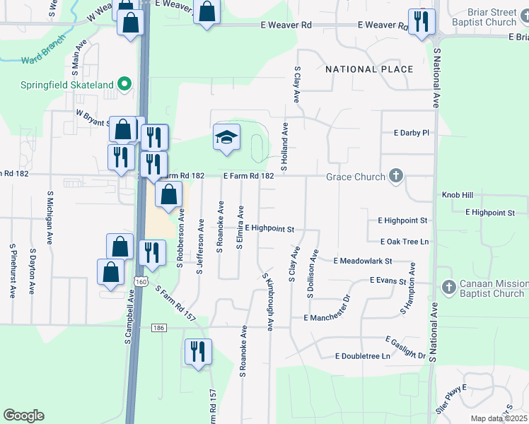 map of restaurants, bars, coffee shops, grocery stores, and more near 5502 S Kimbrough Ave in Springfield