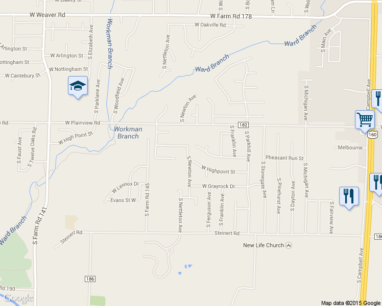 map of restaurants, bars, coffee shops, grocery stores, and more near 5512 South Newton Avenue in Springfield