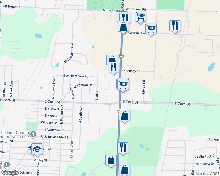 map of restaurants, bars, coffee shops, grocery stores, and more near 2804 North Highview Avenue in Joplin