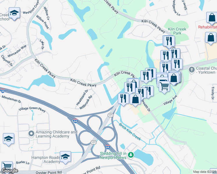 map of restaurants, bars, coffee shops, grocery stores, and more near 730 Broad Bay Cove in Newport News