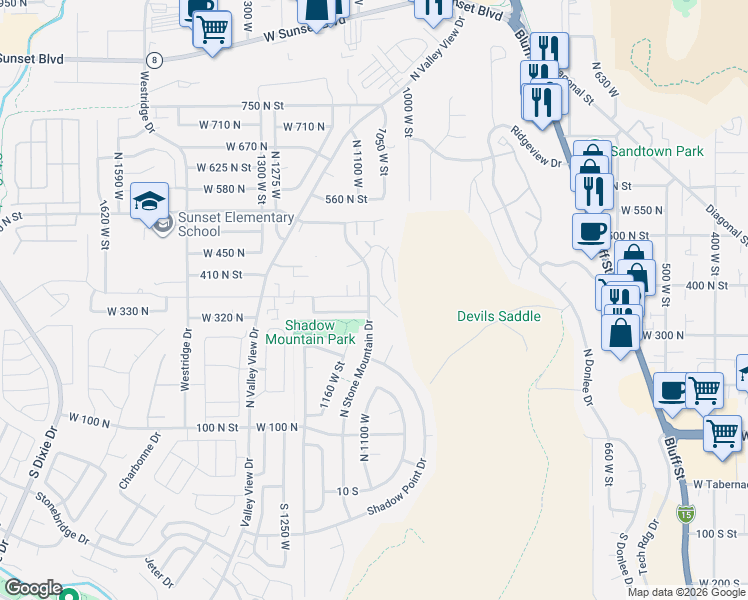 map of restaurants, bars, coffee shops, grocery stores, and more near 438 Stone Mountain Drive in St. George