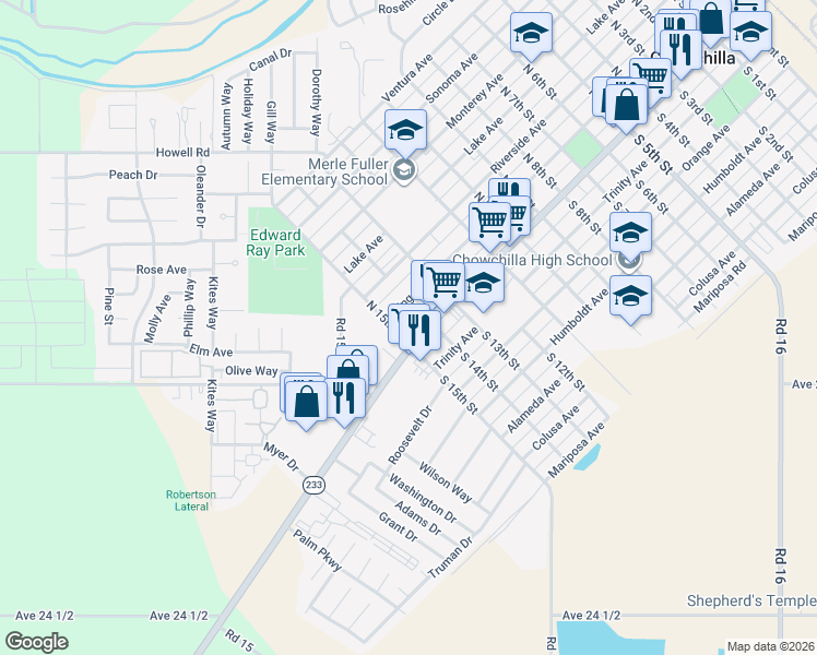 map of restaurants, bars, coffee shops, grocery stores, and more near 120 North 15th Street in Chowchilla