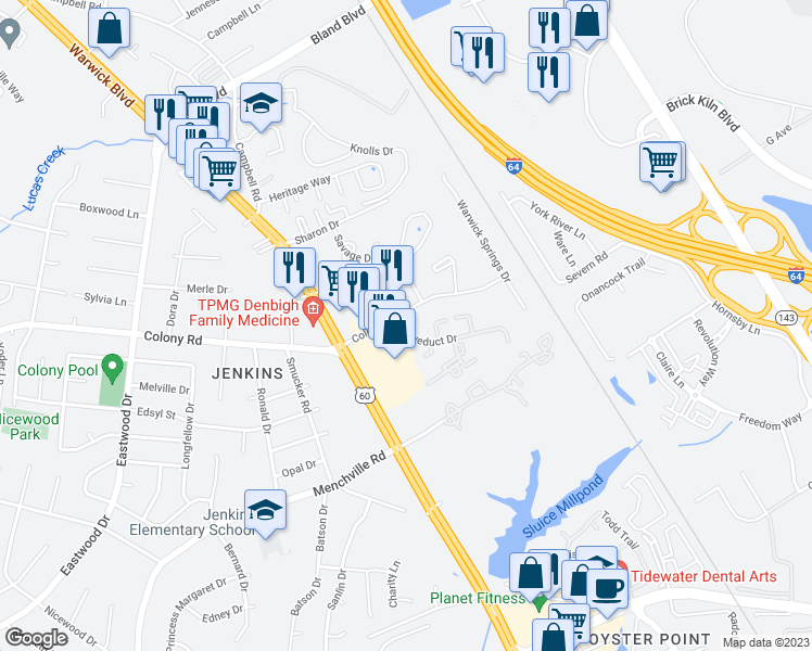 map of restaurants, bars, coffee shops, grocery stores, and more near 13210 Aqueduct Drive in Newport News