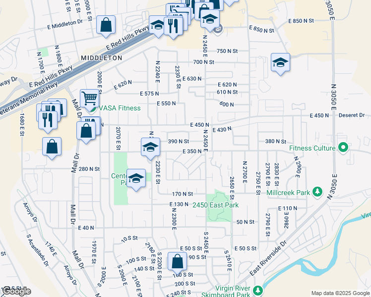 map of restaurants, bars, coffee shops, grocery stores, and more near 2357 E 350 N in St George