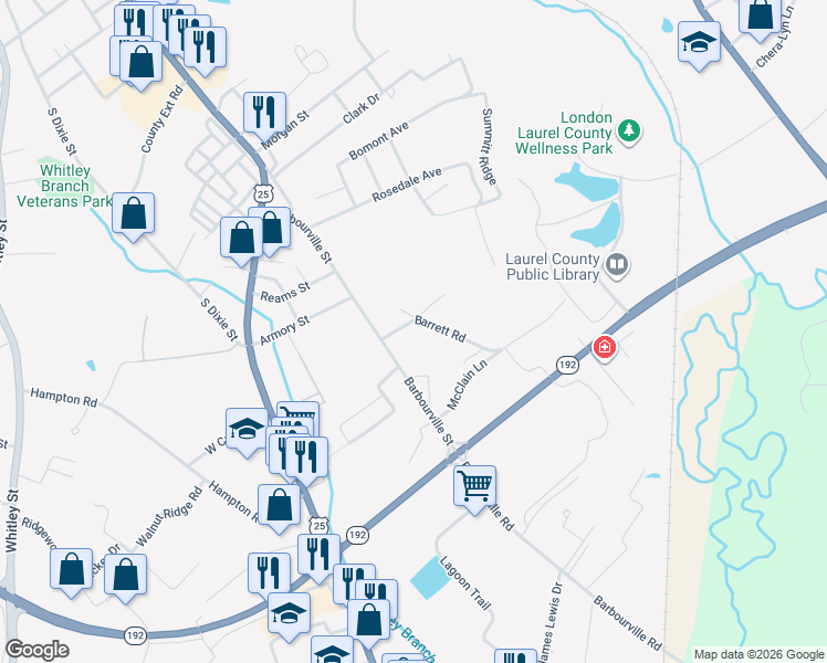 map of restaurants, bars, coffee shops, grocery stores, and more near 1515 Barrett Road in London