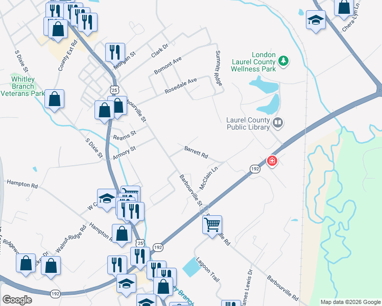 map of restaurants, bars, coffee shops, grocery stores, and more near 1515 Barrett Road in London