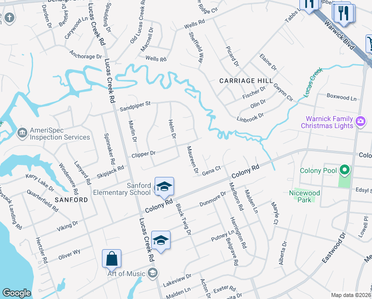 map of restaurants, bars, coffee shops, grocery stores, and more near 415 Maureen Drive in Newport News