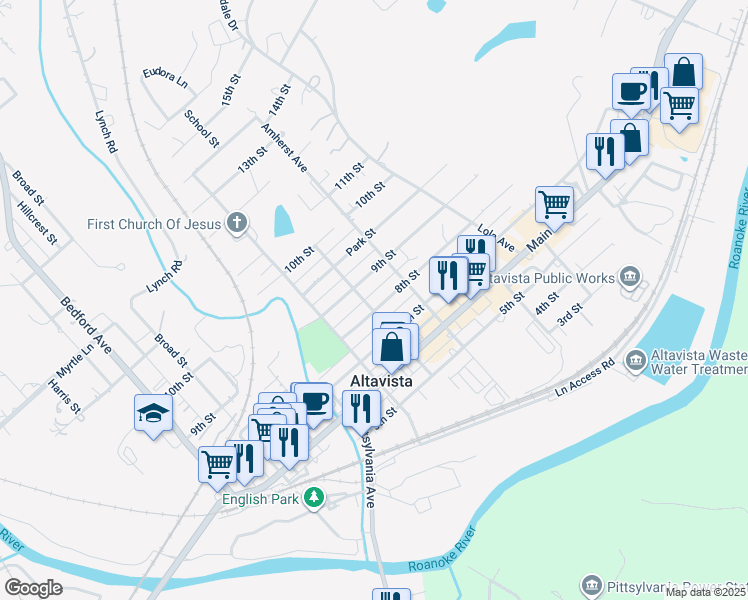 map of restaurants, bars, coffee shops, grocery stores, and more near 902 8th Street in Altavista