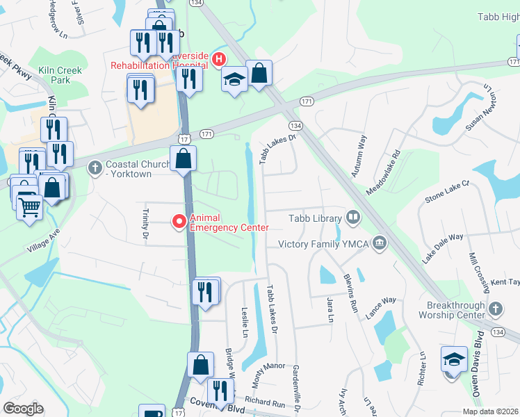 map of restaurants, bars, coffee shops, grocery stores, and more near 506 Tabb Lakes Drive in Yorktown