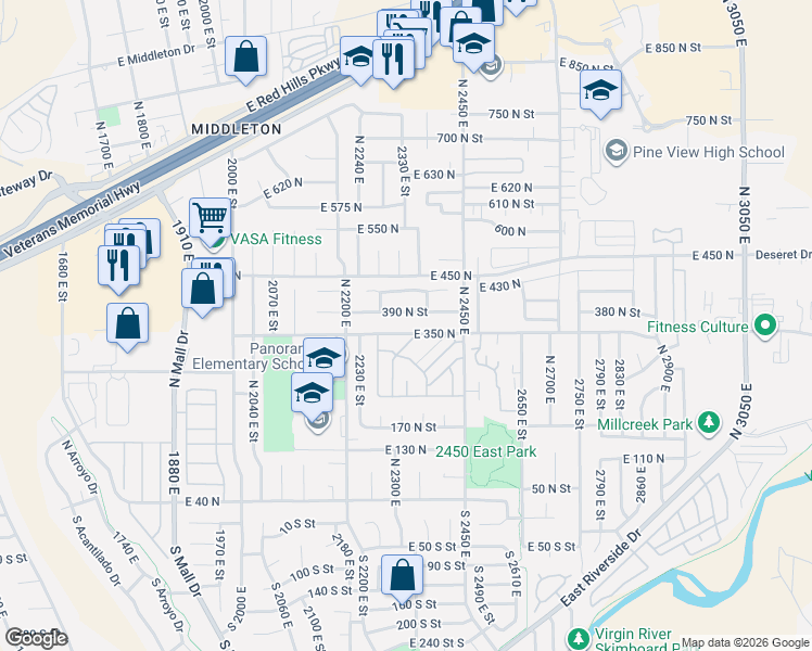 map of restaurants, bars, coffee shops, grocery stores, and more near 2357 East 350 North in St. George