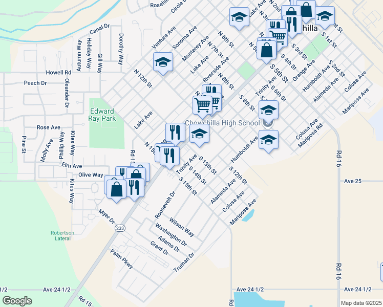 map of restaurants, bars, coffee shops, grocery stores, and more near 230 South 13th Street in Chowchilla