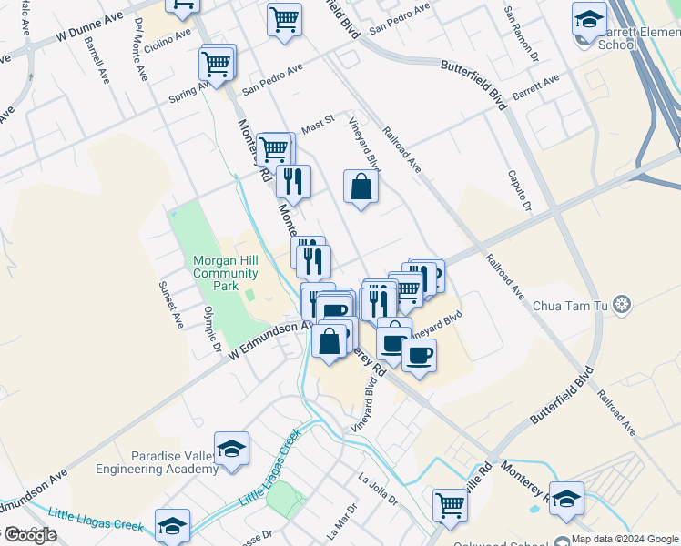 map of restaurants, bars, coffee shops, grocery stores, and more near 16125 Keith Way in Morgan Hill
