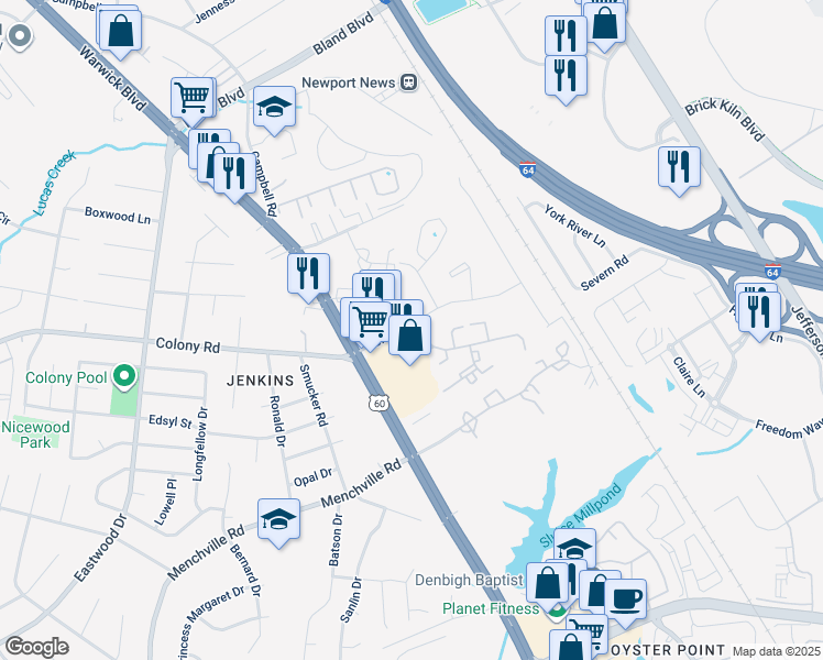 map of restaurants, bars, coffee shops, grocery stores, and more near 13210 Aqueduct Drive in Newport News