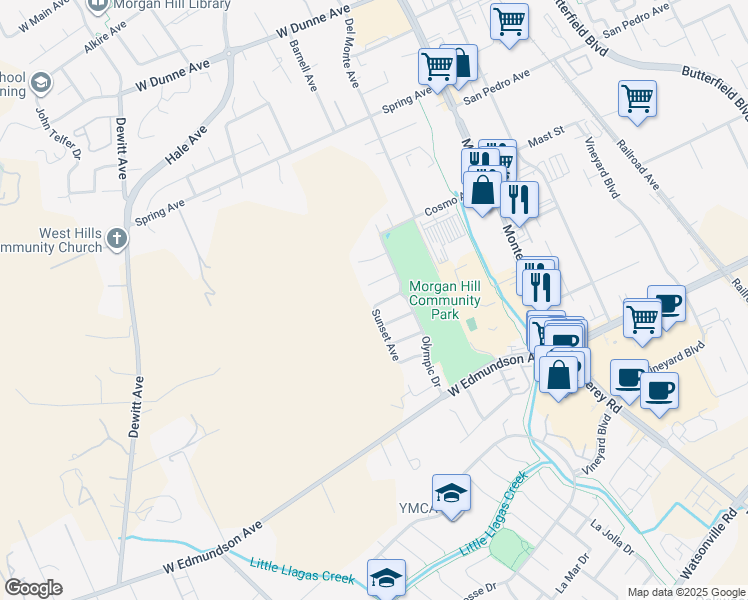 map of restaurants, bars, coffee shops, grocery stores, and more near 411 Denali Drive in Morgan Hill