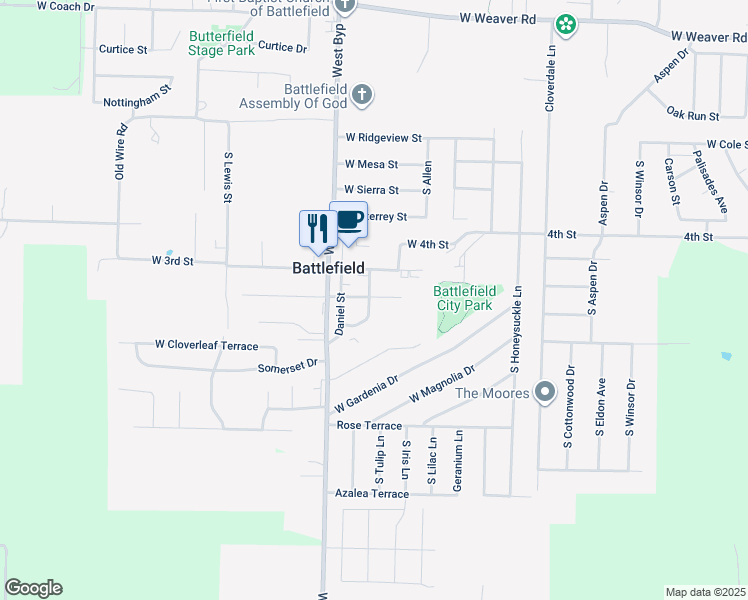 map of restaurants, bars, coffee shops, grocery stores, and more near 5504 Main Street in Battlefield