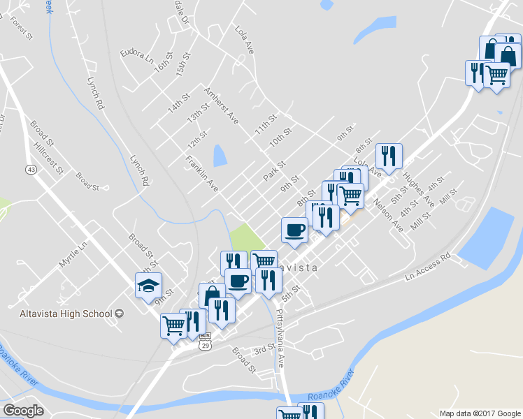 map of restaurants, bars, coffee shops, grocery stores, and more near 811 9th Street in Altavista