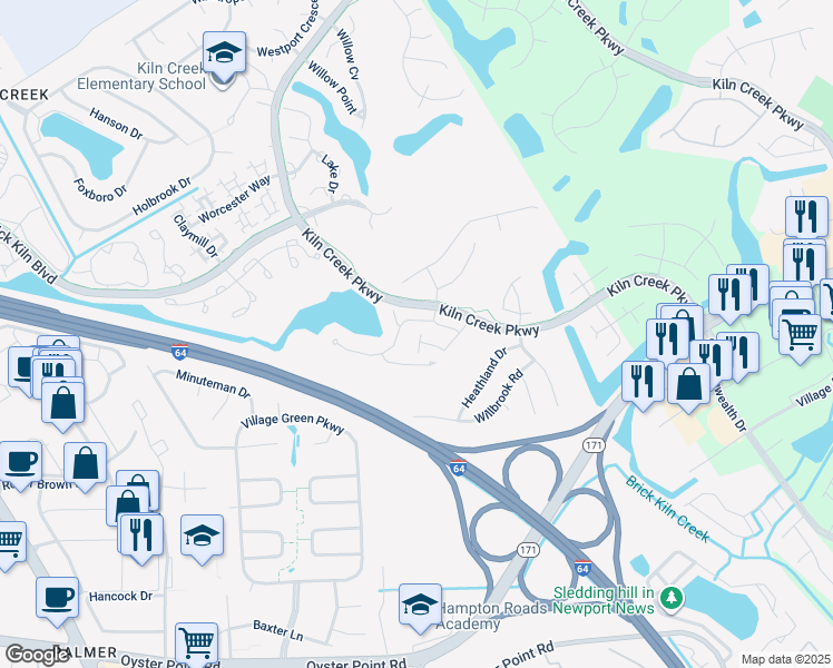 map of restaurants, bars, coffee shops, grocery stores, and more near 819 Player Lane in Newport News