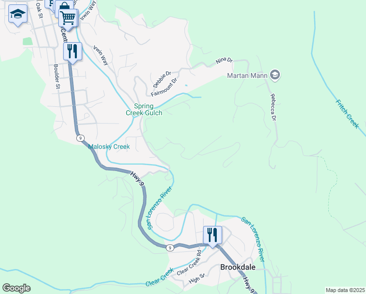 map of restaurants, bars, coffee shops, grocery stores, and more near Tinkers Trail in Boulder Creek