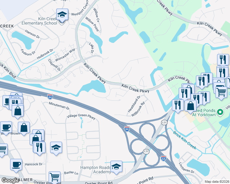 map of restaurants, bars, coffee shops, grocery stores, and more near 819 Player Lane in Newport News