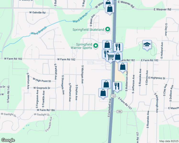 map of restaurants, bars, coffee shops, grocery stores, and more near 5484 South Michigan Avenue in Springfield