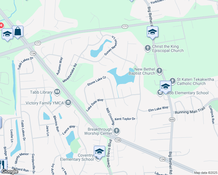 map of restaurants, bars, coffee shops, grocery stores, and more near 148 Stone Lake Court in Yorktown