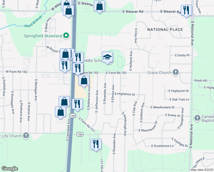 map of restaurants, bars, coffee shops, grocery stores, and more near 5503 South Elmira Avenue in Springfield
