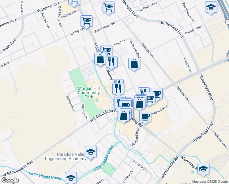 map of restaurants, bars, coffee shops, grocery stores, and more near 16145 Monterey Road in Morgan Hill