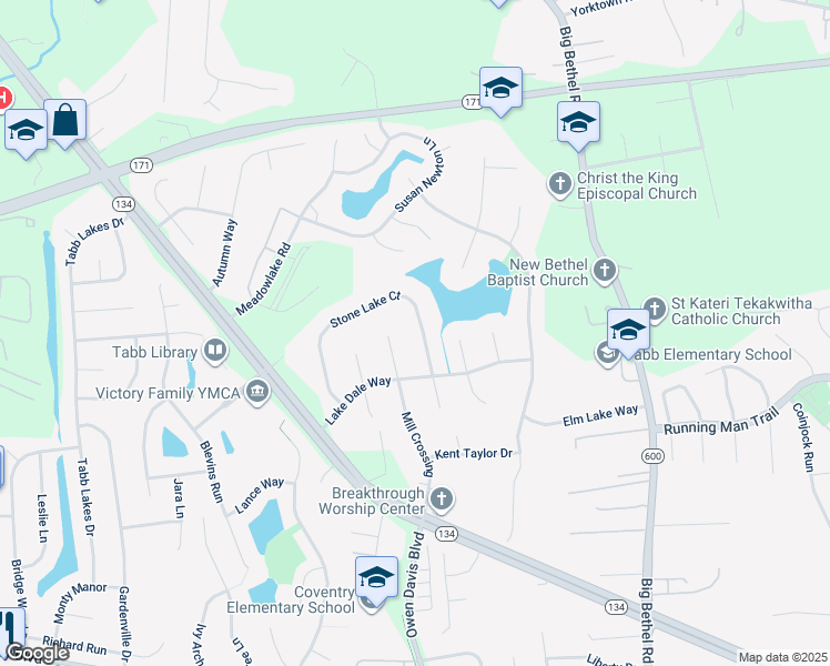 map of restaurants, bars, coffee shops, grocery stores, and more near 148 Stone Lake Court in Yorktown