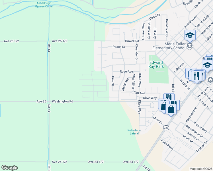 map of restaurants, bars, coffee shops, grocery stores, and more near Castro Avenue in Chowchilla