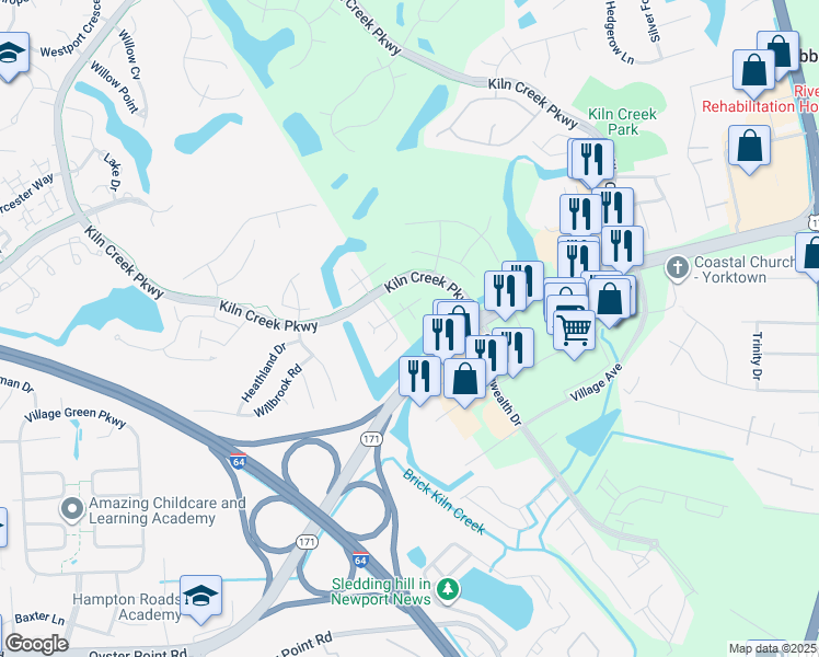 map of restaurants, bars, coffee shops, grocery stores, and more near 714 Anchor Bay Cove in Newport News