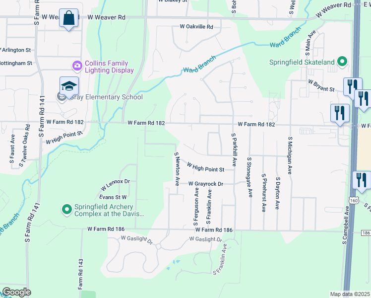 map of restaurants, bars, coffee shops, grocery stores, and more near 5512 South Newton Avenue in Springfield