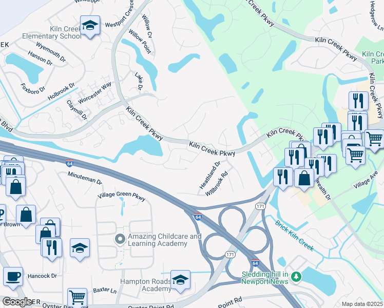 map of restaurants, bars, coffee shops, grocery stores, and more near 718 Casper Lane in Newport News