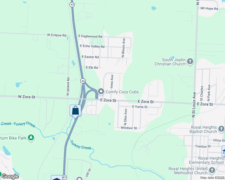 map of restaurants, bars, coffee shops, grocery stores, and more near 2728 Iowa Avenue in Joplin