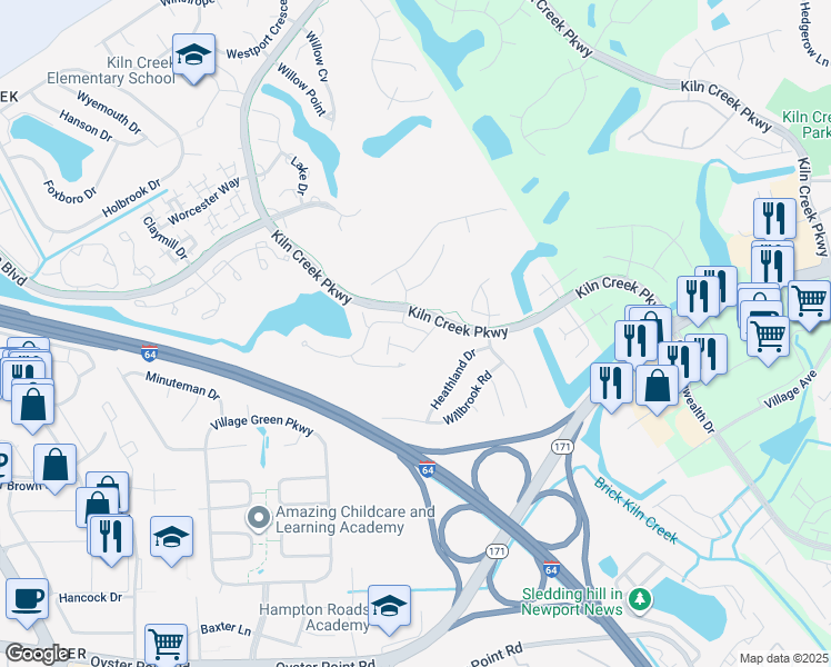 map of restaurants, bars, coffee shops, grocery stores, and more near 718 Casper Lane in Newport News